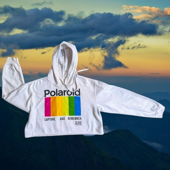 Polaroid Tops - Cropped Polaroid White Hoodie with Colorful Logo
